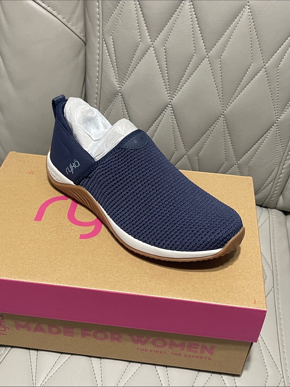 Ryka Navy Slip-On Knit Walking Shoe with Brown Outsole